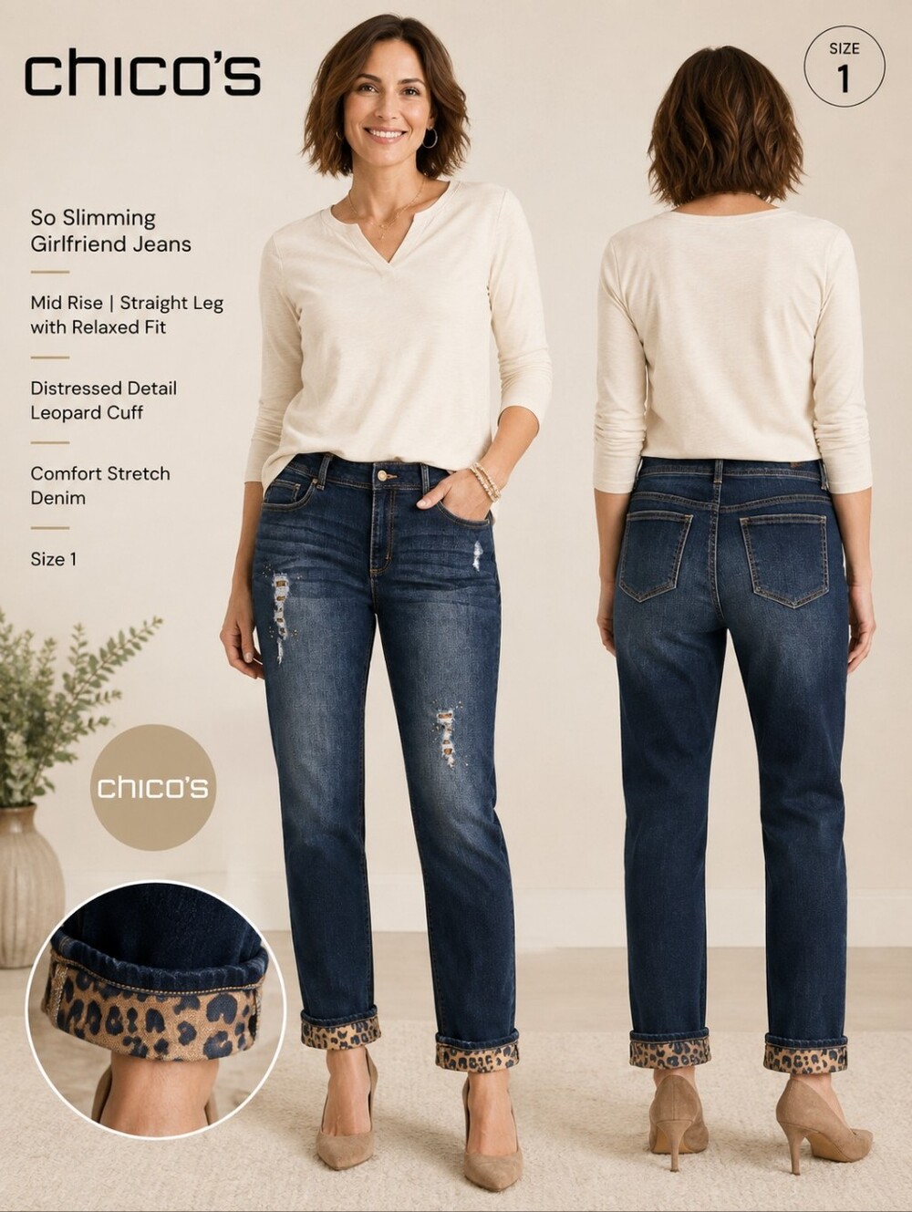 Chico’s Girlfriend Jeans Dark Wash Distressed Leopard Cuff Straight Leg Size 1